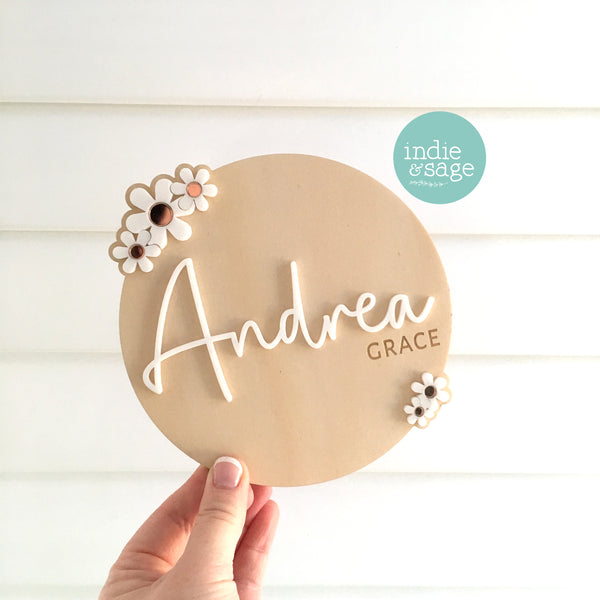 New Baby Name Announcement Plaque | Baby Girl Floral Name Sign