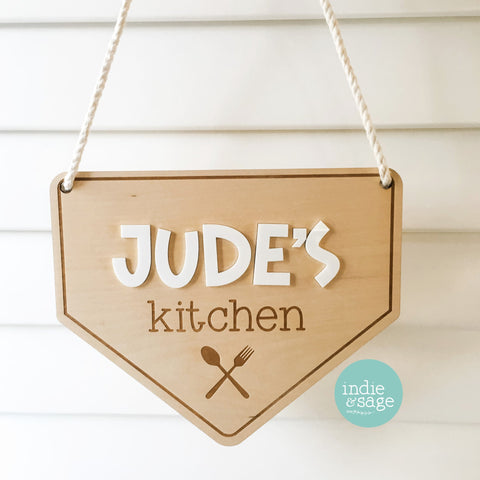 Personalised hanging engraved childrens kitchen sign, playroom decor idea, kids play kitchen sign