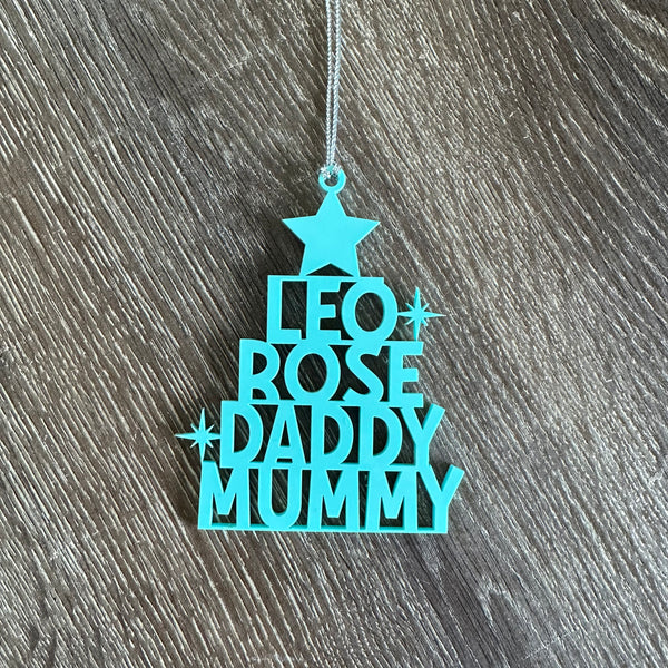 Personalised Family Christmas Tree Decoration, choose your colour!