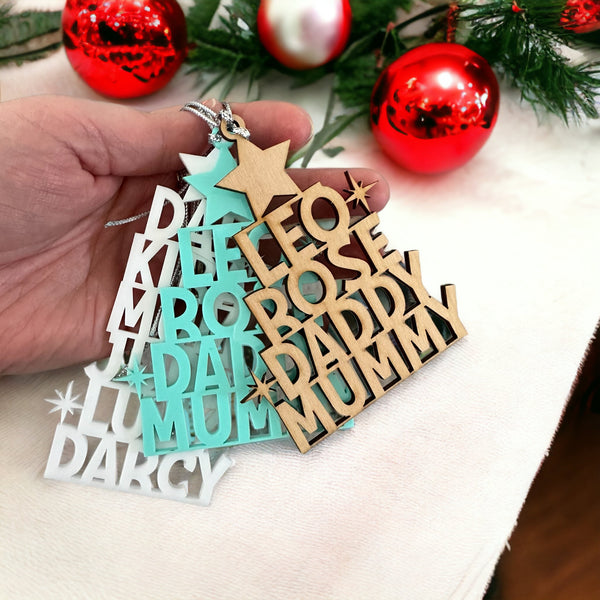 Personalised Family Christmas Tree Decoration, choose your colour!