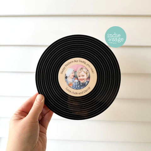 Personalised Vinyl Record featuring your engraved message, chosen photograph and the option to tap the piece to be taken to a audio or video message! A fantastic, unique personalised gift idea for your special person. #personalisedgifts #personalisedgiftideas #personalisedvinyl #fathersdaygifts #uniqueanniversarygifts #fathersday